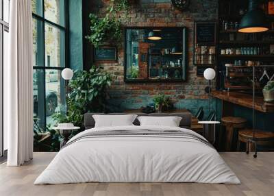 Interior of a Rustic Cafe with Brick Wall and Wooden Table Wall mural