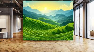 Lush Green Rice Terraces in a Mountainous Landscape Wall mural