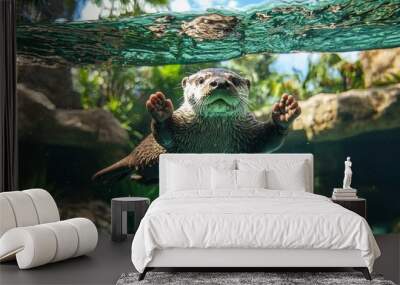 Otter Swimming Underwater with Paws Outstretched Wall mural