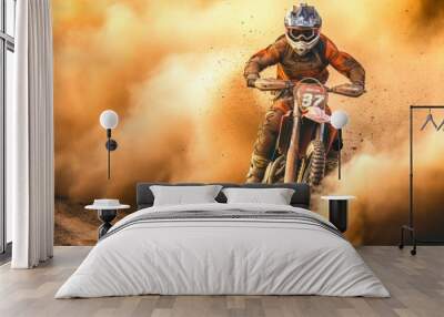 Photo of a motocross rider on the dusty road Wall mural