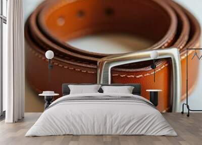 Rolled Brown Leather Belt with Silver Buckle Wall mural