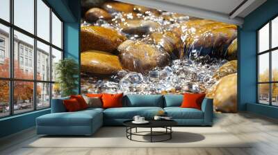 Sparkling Water Flowing Over Smooth River Rocks Wall mural