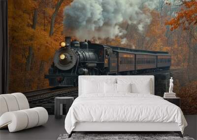 Steam Locomotive Train Crossing a Wooden Trestle Bridge in Autumn Wall mural