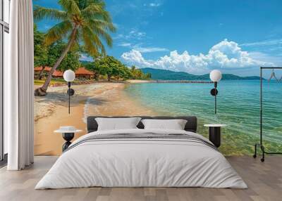 Tranquil Beach Scene with Palm Tree and Crystal Clear Water Wall mural