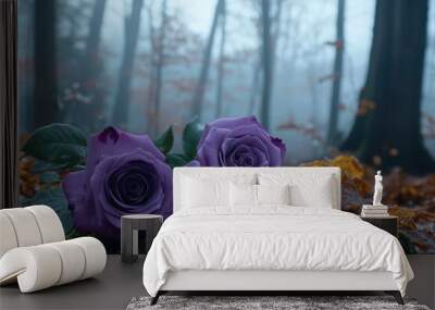 Two Purple Roses Resting on a Mossy Rock in a Foggy Forest Wall mural