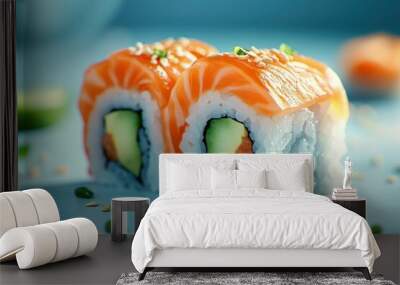 Two Salmon and Avocado Sushi Rolls with Sesame Seeds Wall mural