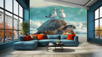 Two Seagulls Perched on a Sea Turtle on a Beach Wall mural