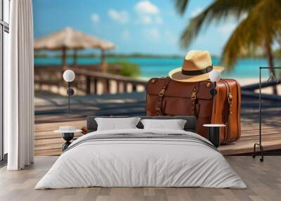 Vintage suitcase and leather shoe on a wooden dock with a tropical beach and palm trees in the background Wall mural