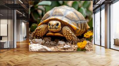 Yellow-Footed Tortoise Walking on Gravel with Yellow Flowers Wall mural