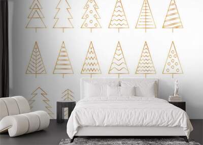 Set of golden christmas tree line icons .Christmas tree with a stars. Vector golden simple icons collection isolated on white background.Gold Christmas tree line set Wall mural