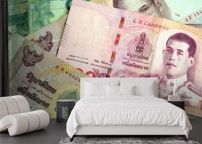 Thai baht various banknotes closeup. Money background Wall mural