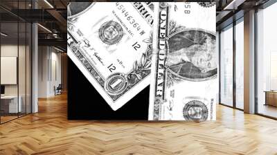 Two one dollar bills on a dark background close up in monochrome Wall mural