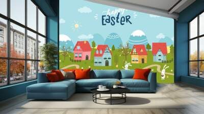 Cute Easter Egg hunt design for children, hand drawn with cute bunnies, eggs and decorations - great for party invitations, banners, wallpapers - vector Wall mural