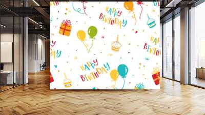 Cute hand drawn Birthday seamless pattern, fun background with balloons, cakes, gift boxes and decoration, great for wrapping, textiles, banners, wallpapers - vector design Wall mural