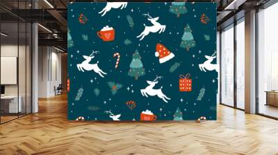 Cute hand drawn christmas seamless pattern with white reindeer and decoration, branches, flowers, berries, great for banners, wallpapers, wrapping, textiles - vector design Wall mural