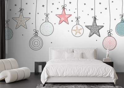 Elegant seamless pattern with hanging Christmas balls and stars. Hand drawn and creative baubles - Vector Illustration. Wall mural