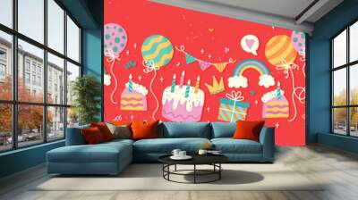 Fun hand drawn party seamless background with cakes, gift boxes, balloons and party decoration. Great for birthday parties, textiles, banners, wallpapers, wrapping - vector design Wall mural