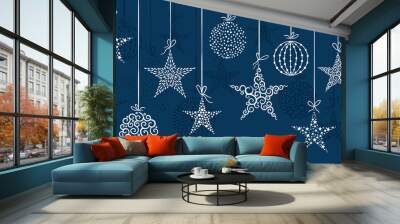 Hand drawn hanging christmas baubles horizontal seamless, great for christmas themes, banners, wallpaper, textiles - vector design Wall mural