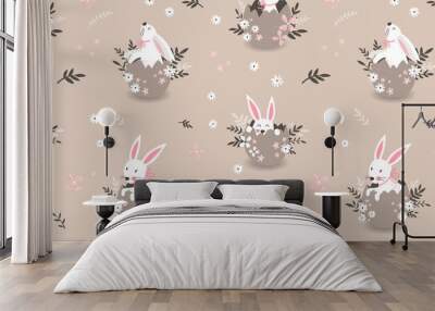 Lovely hand drawn Easter seamless pattern with cute bunnies sitting in an Easter Egg, great for textiles, wrapping, backgrounds, wallpapers - vector design Wall mural