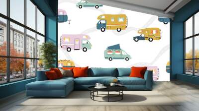 Road trip seamless pattern, doodle camper vans, vanlife, adventure - great for textiles, banners, wallpapers - vector design Wall mural