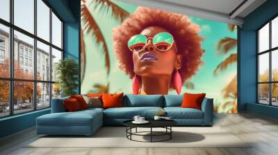 Afro african american summer fashion woman with sunglasses. Sunny day, palm and blue sky background at Miami beach. Black fashwave girl with strong face expression. Black history month of black people Wall mural