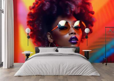 Afro pop fashion woman model with sunglasses. Black fashwave retro futurism girl with strong face expression. Vibrant colors for makeup, hairstyle and background. Extravagant beauty. Wall mural