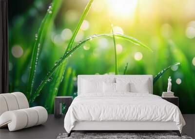 Morning Dewdrops on Lush Green Grass Wall mural