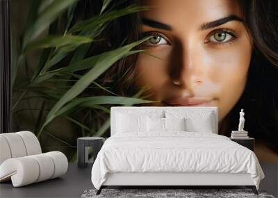 Beautiful young woman with green leaves looking at camera. closeup Wall mural