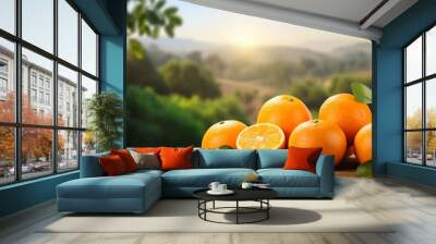 Fresh oranges with leaves on wooden table in front of blurred nature background Wall mural