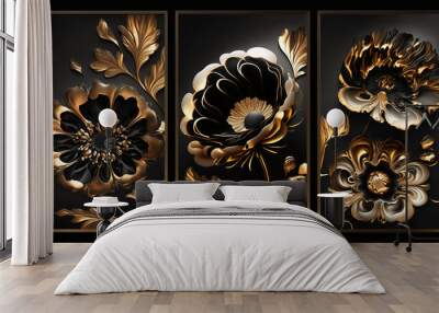 fractal flowers golden and black liquid marble background Generative AI Wall mural