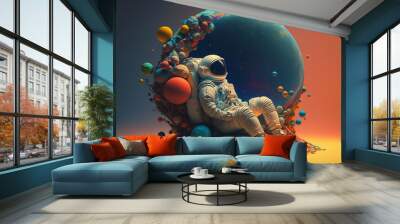 illustration of an astronaut meditating on the solar system Generative AI Wall mural