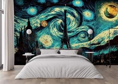 starry night with background as paris. Generative AI Wall mural