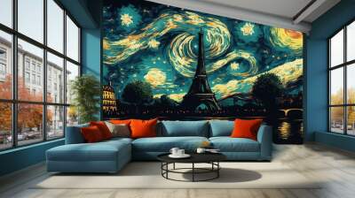 starry night with background as paris. Generative AI Wall mural