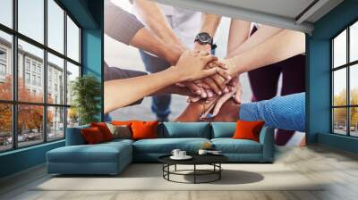 Business team, hands together and staff with collaboration, support and community. Diversity, worker friends and group with achievement, solidarity and agreement hand sign for teamwork success Wall mural