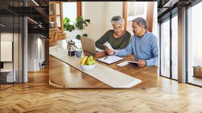 Finance, laptop and senior couple with bills, paperwork and receipt documents for life insurance. Retirement, fintech and elderly man and woman on computer for mortgage payment, investment and budget Wall mural