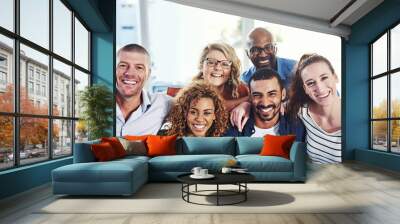 Happy people, business portrait and hug in a office with a smile from copywriter teamwork and collaboration. Diversity, happiness and writer staff together proud from motivation, trust and success Wall mural