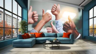 Thumbs up, success and yes with hands of business people in office for agreement, winner and teamwork. Emoji, support and community with group of employees for goals, thank you and motivation Wall mural