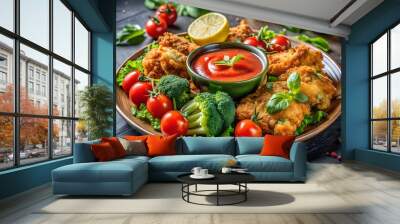 Fried chicken with tomato, broccoli, lemon and sauce Wall mural