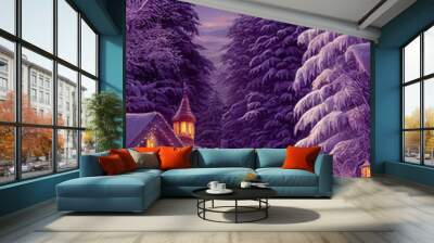 3D illustration rendering of an Enchanted Forest with Santa's house beautifully decorated for Christmas. Wall mural