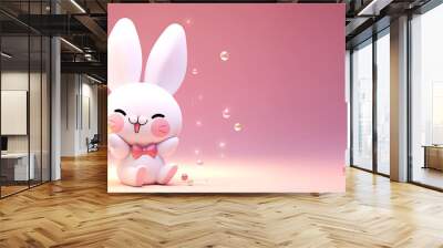 A funny rabbit or hare is holding a glass of champagne. The concept of congratulations, holiday. Hare with a glass. Kawaii art, pink color Wall mural