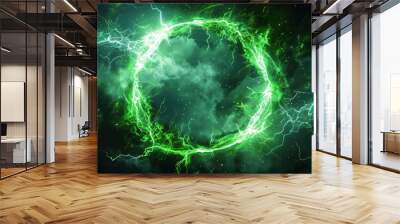 A striking ring of green lightning against a pitch-black background. The vivid green lightning forms a perfect circle, creating a striking visual effect against the deep black sky. Wall mural