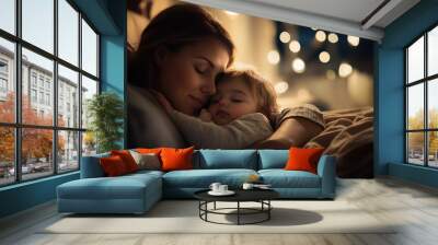 a woman and a child laying on a bed Wall mural