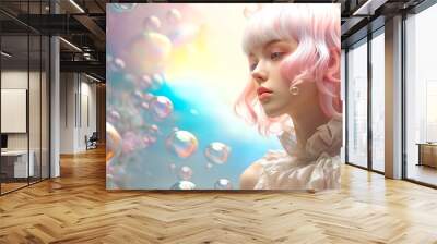 A young, dreamy woman emerges from pastel smoke, exuding an air of enchantment and wonder. Portrait. Wall mural