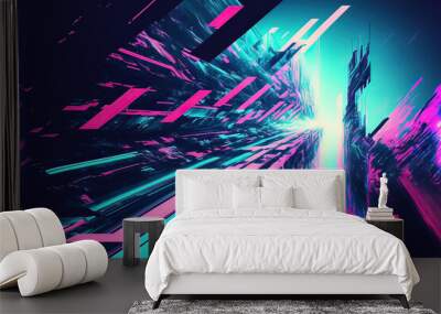 Abstract blue, mint and pink background with interlaced digital glitch and distortion effect. Futuristic cyberpunk design. Retro futurism, webpunk, rave techno neon colors. Generative AI Wall mural