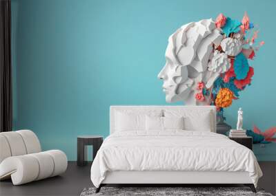 Abstract concept illustration from 3D rendering of white marble classical head sculpture with colorful flowers growing from broken side and isolated on pastel blue background. Generative AI Wall mural