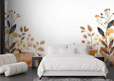 Autumn panorama and pumpkins colorful watercolor frame. Autumn. Vector  design. Wall mural