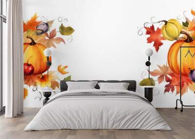 Autumn panorama and pumpkins colorful watercolor frame. Autumn. Vector illustration design. Wall mural