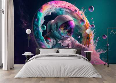 Beautiful painting of an astronaut in in a colorful bubbles galaxy on a different planet. Generative AI. Pop art concept Wall mural