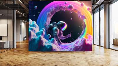 Beautiful painting of an astronaut in in a colorful bubbles galaxy on a different planet. Generative AI. Pop art concept Wall mural