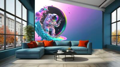 Beautiful painting of an astronaut in in a colorful bubbles galaxy on a different planet. Generative AI. Pop art concept Wall mural